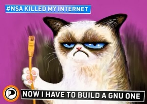 Angry cat with a network cable criticizing the NSA